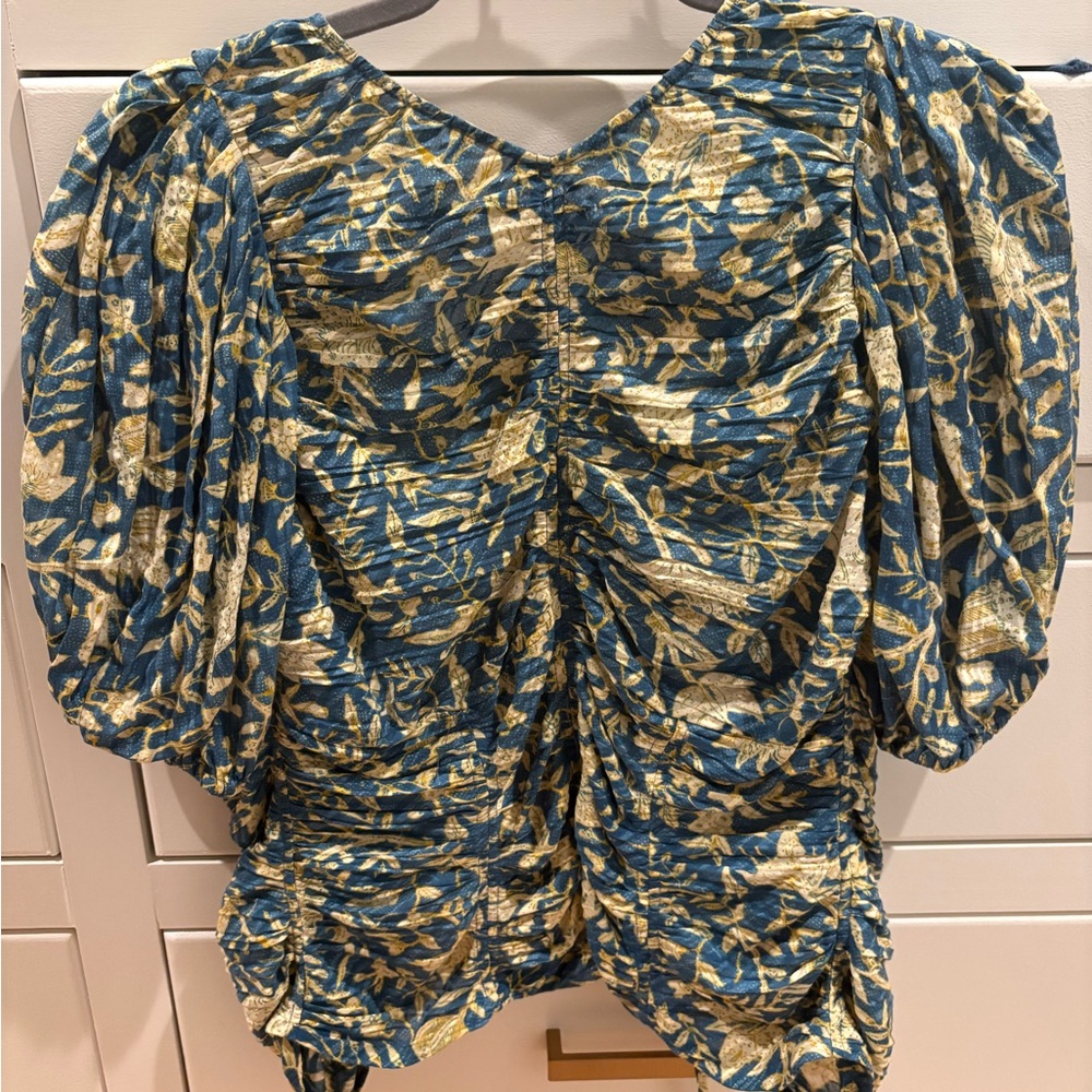 Ulla Johnson Blue and Yellow Ruched Puff Sleeve Blouse